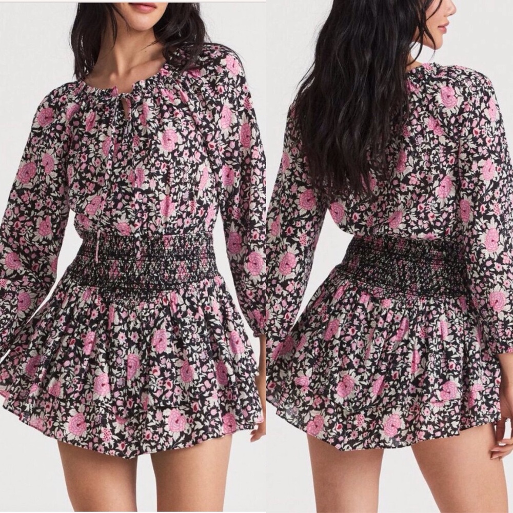 LoveShackFancy Netra Pink & Black Floral Mini Dress Sz S